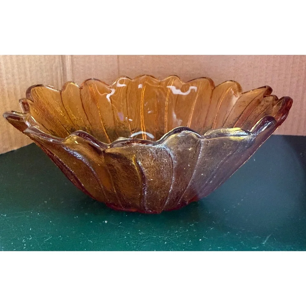 Vintage Amber Glass Sunflower Scalloped Bowl Textured Carnival Glass 7 Inch